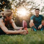 Young couple stretching outdoors in the park sports